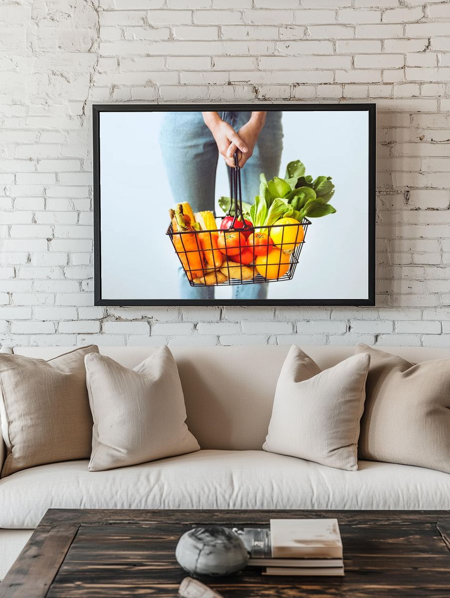 Shopping basket full fruits vegetables. room preview