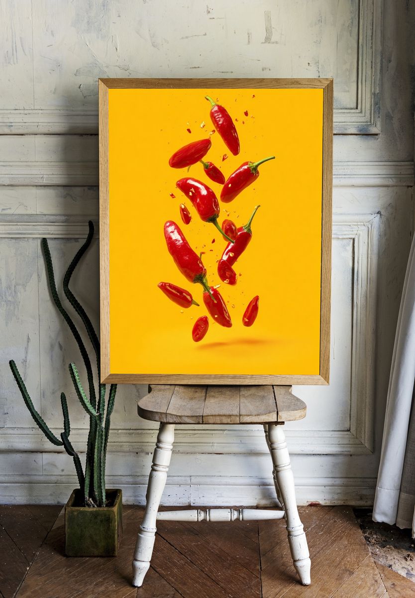 Floating Chili Peppers Photography Poster. — room view 1