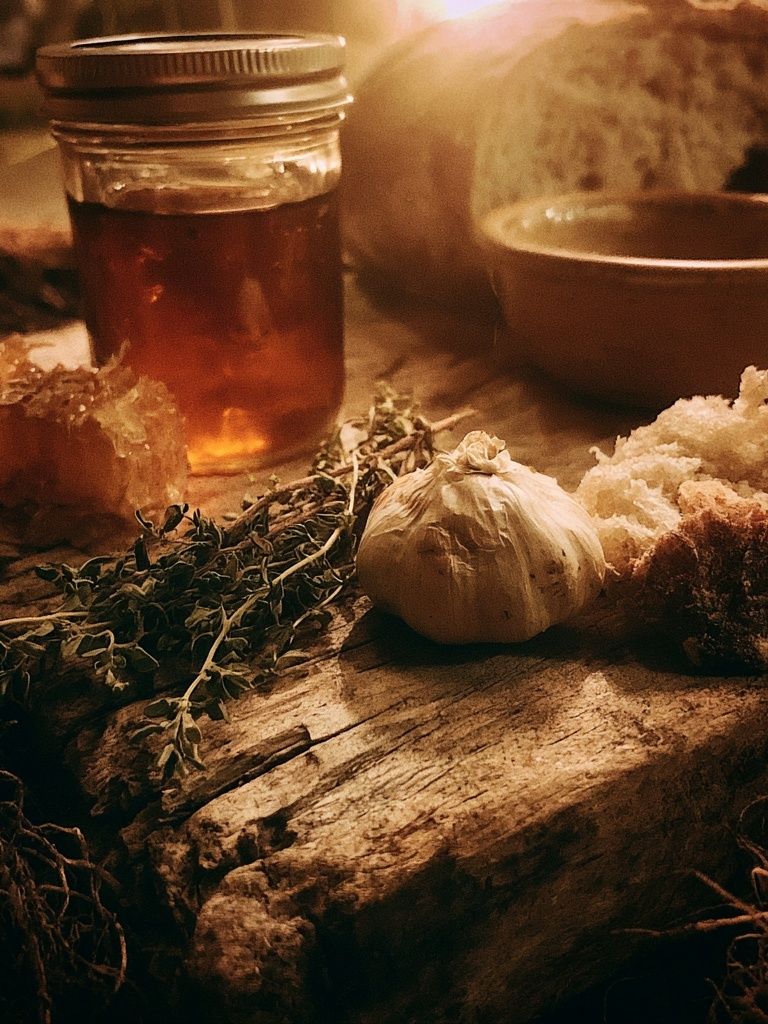 Rustic Honey and Garlic Still Life Poster. poster detail