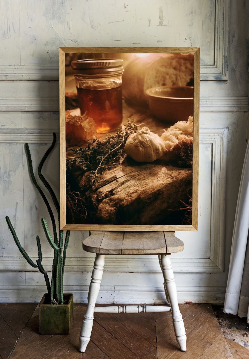 Rustic Honey and Garlic Still Life Poster. — room view 1