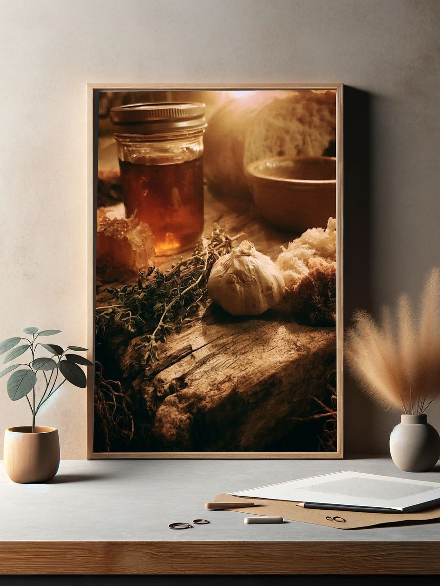 Rustic Honey and Garlic Still Life Poster. — room view 2