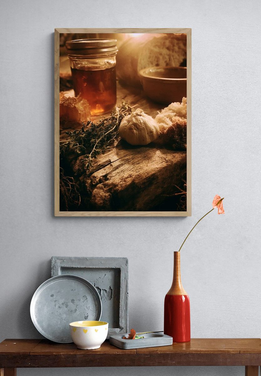 Rustic Honey and Garlic Still Life Poster. — room view 3