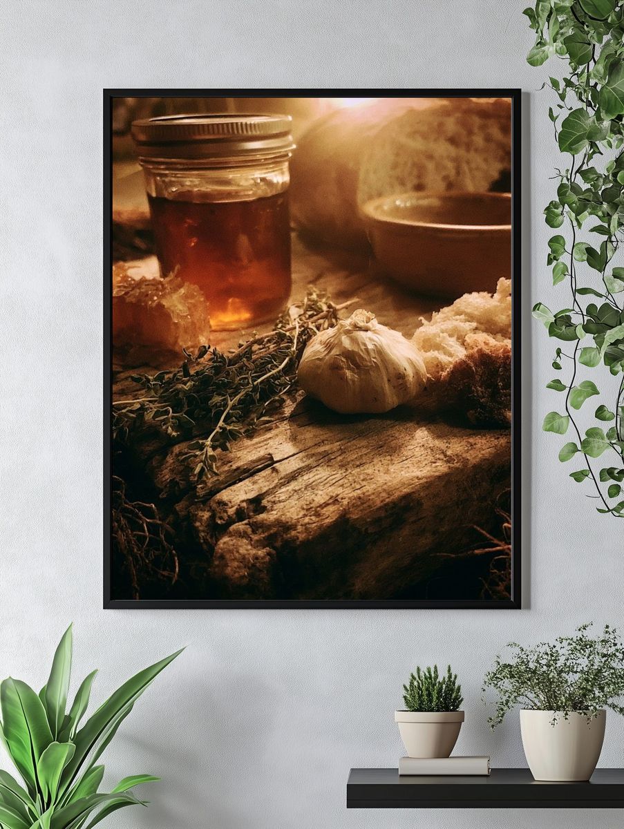 Rustic Honey and Garlic Still Life Poster. — room view 4