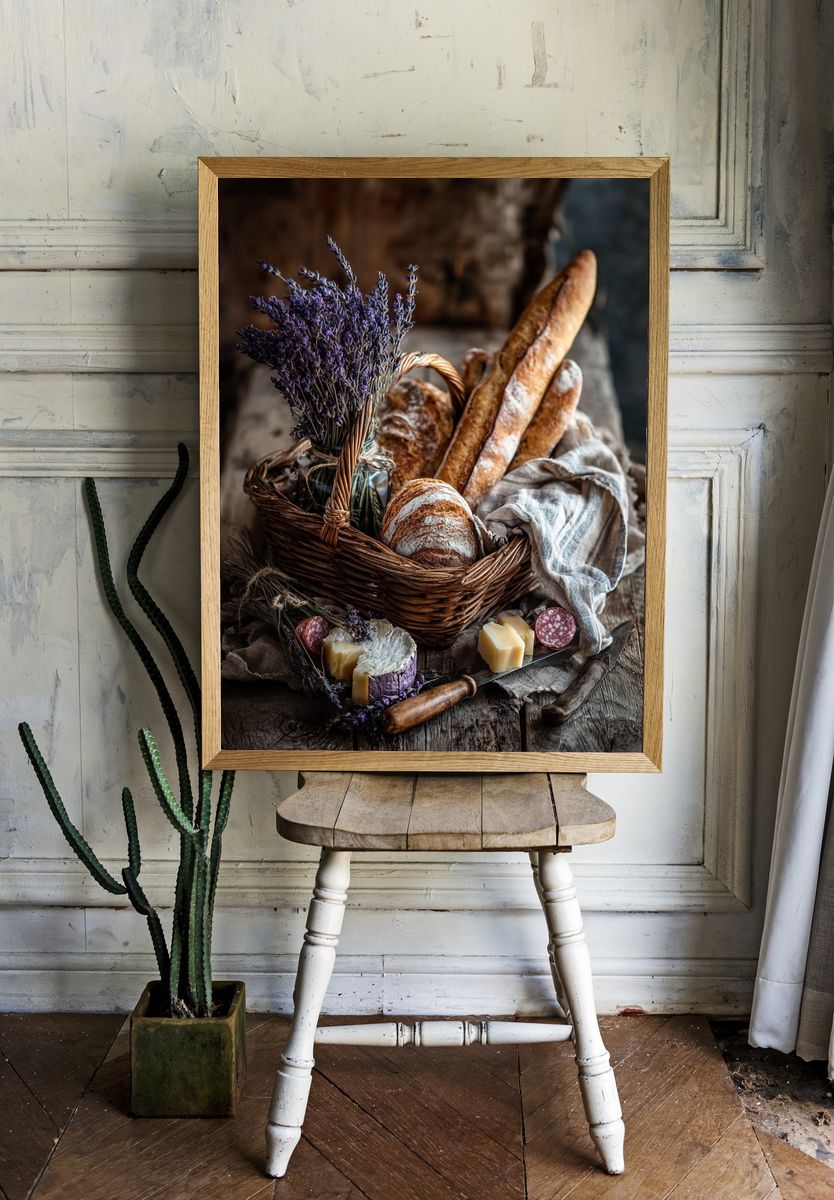 Rustic Bread and Lavender Still Life Poster. — room view 1