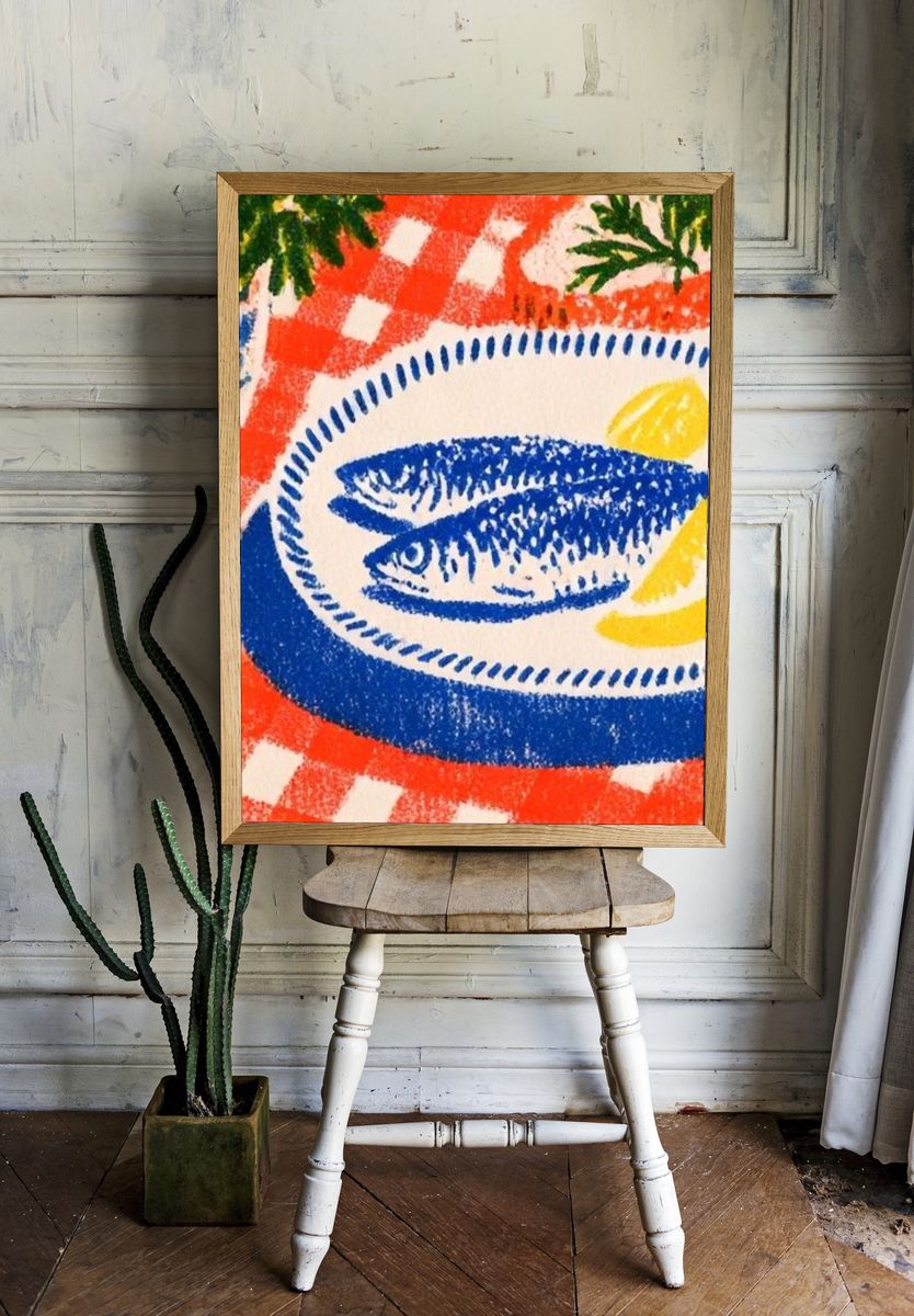Blue Fish Still Life Illustration Poster. — room view 1