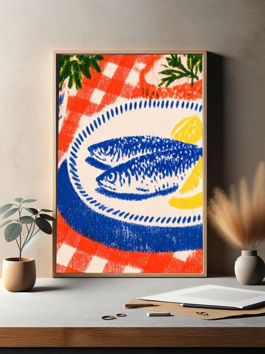 Blue Fish Still Life Illustration Poster. — room view 2