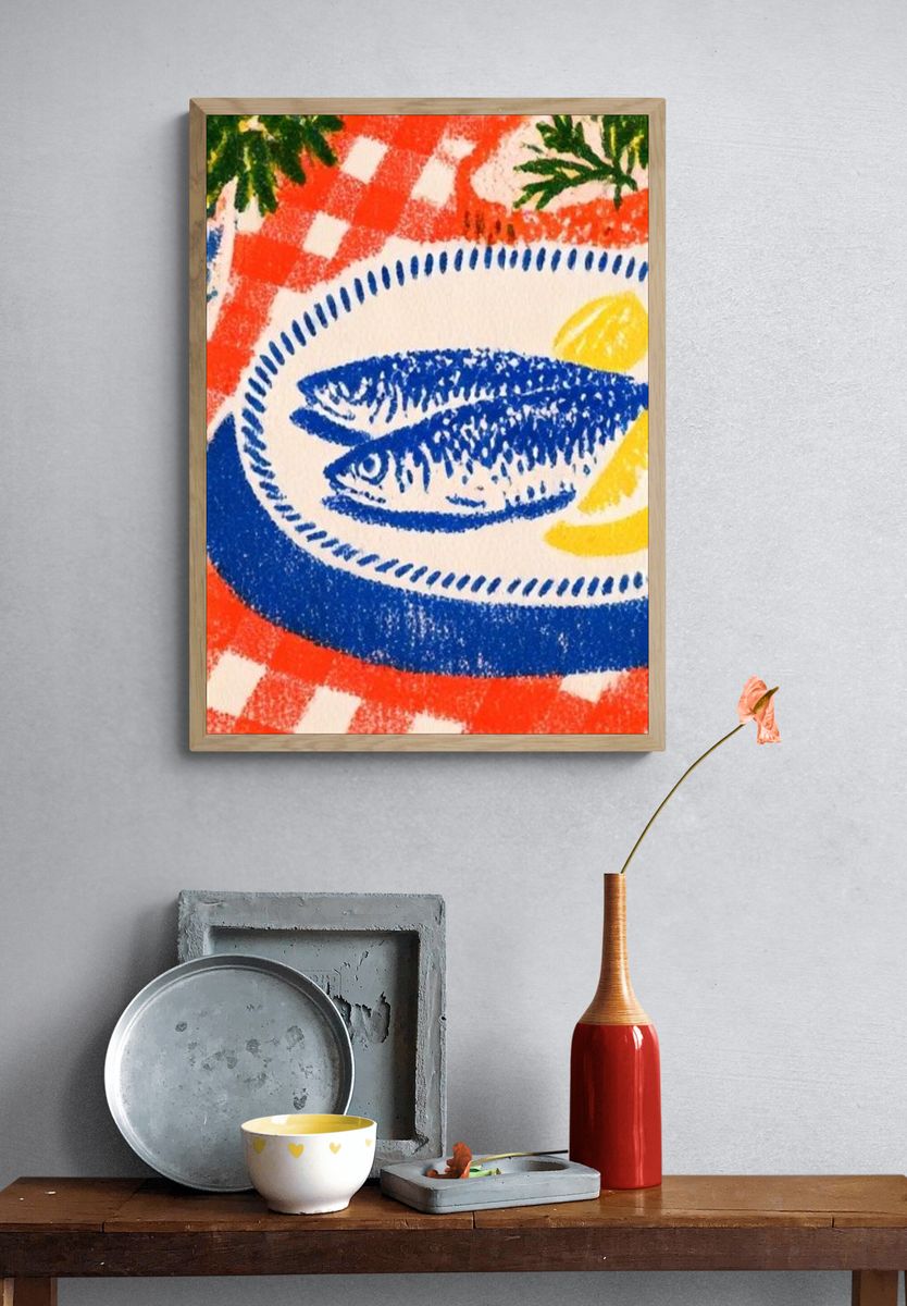 Blue Fish Still Life Illustration Poster. — room view 3