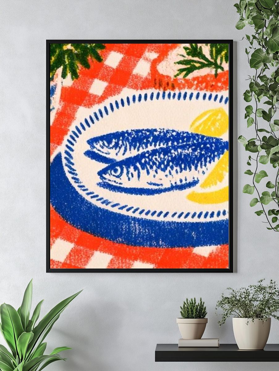 Blue Fish Still Life Illustration Poster. — room view 4