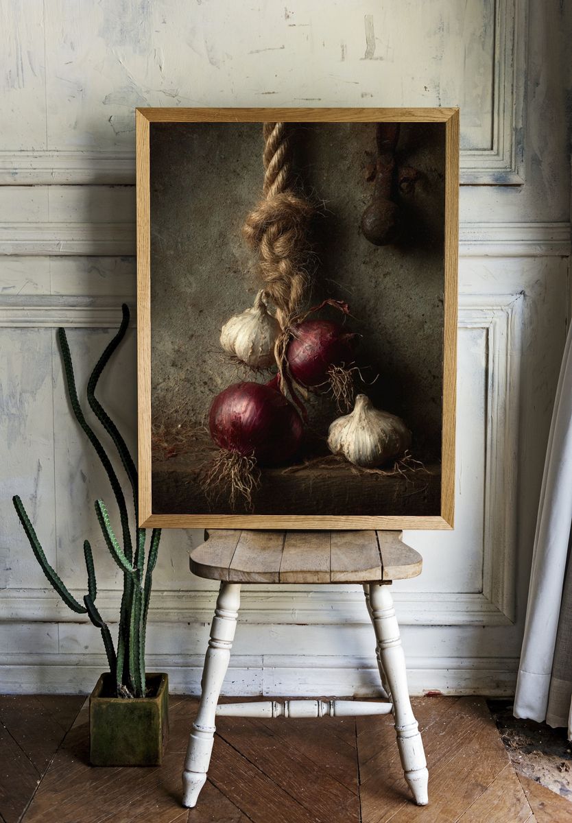 Rustic Garlic and Onions Still Life Print. room preview