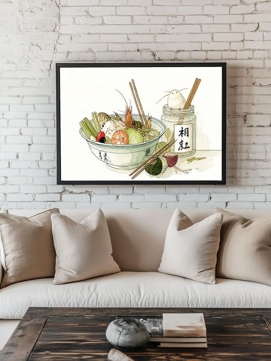 Japanese Noodle Bowl Watercolor Print. room preview