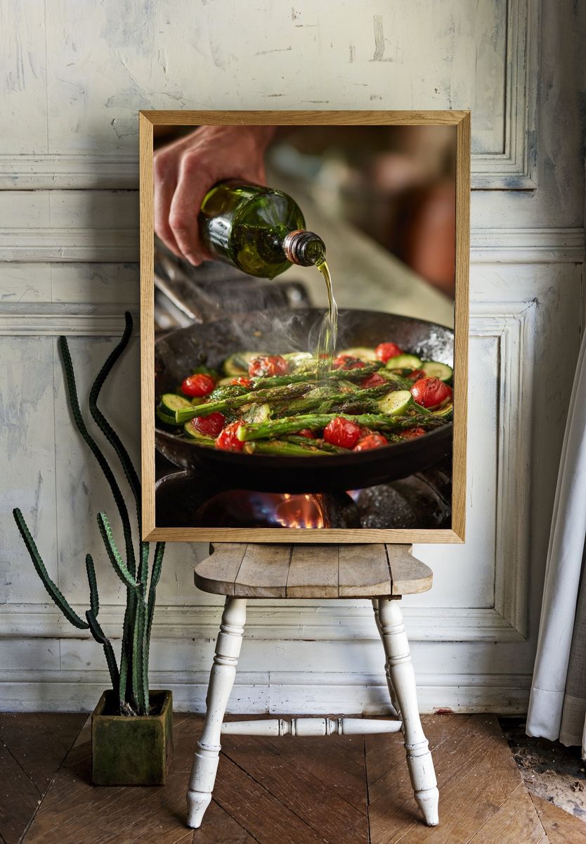 Olive Oil Sizzle Kitchen Photography Poster. — room view 1