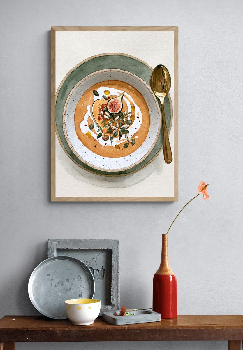 Fig and Soup Bowl Watercolor Print. — room view 3