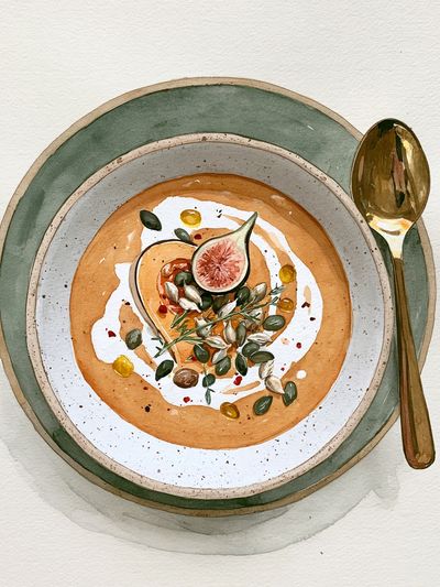 Fig and Soup Bowl Watercolor Print. poster
