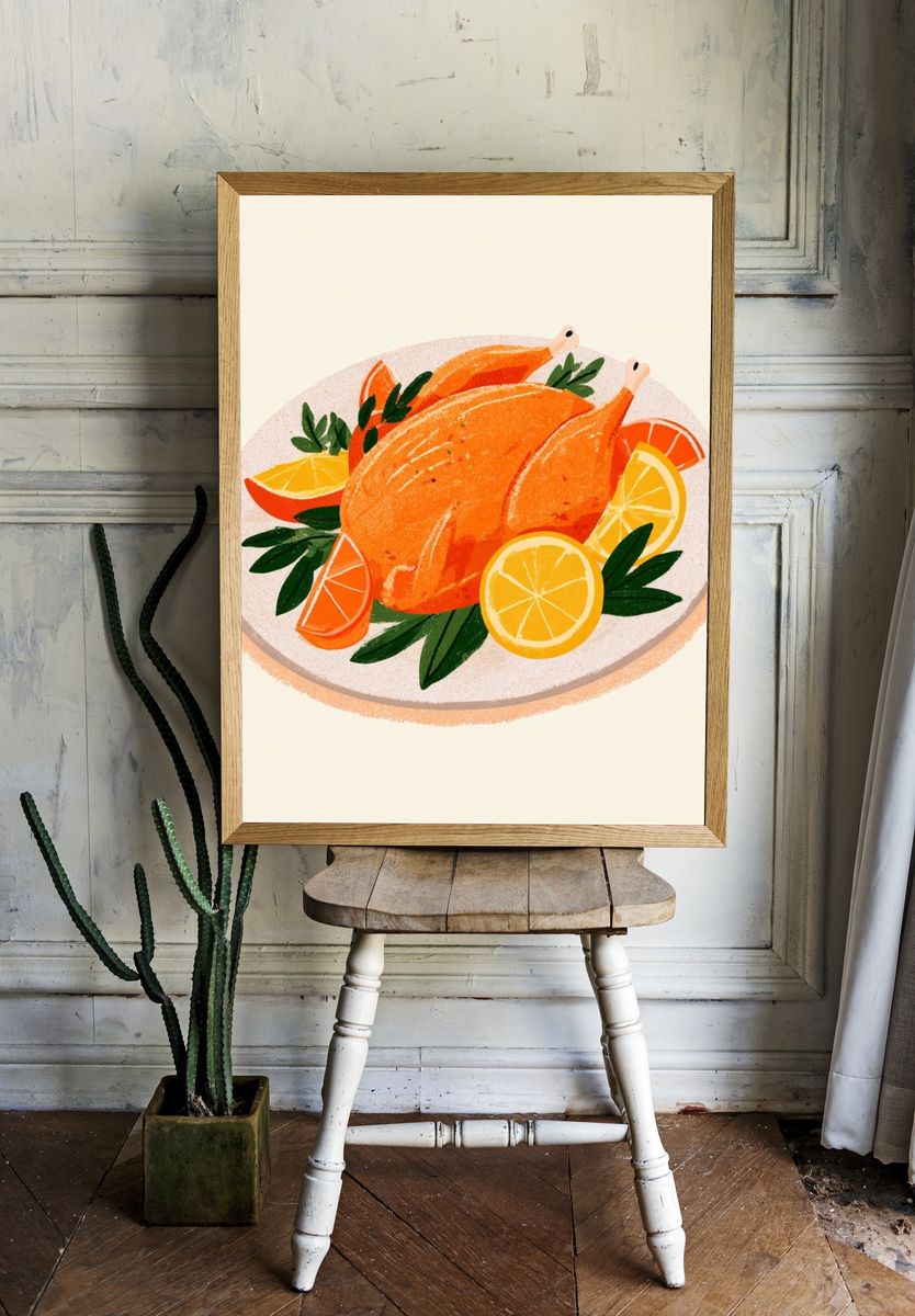 Roast Chicken with Citrus Illustration Poster. — room view 1