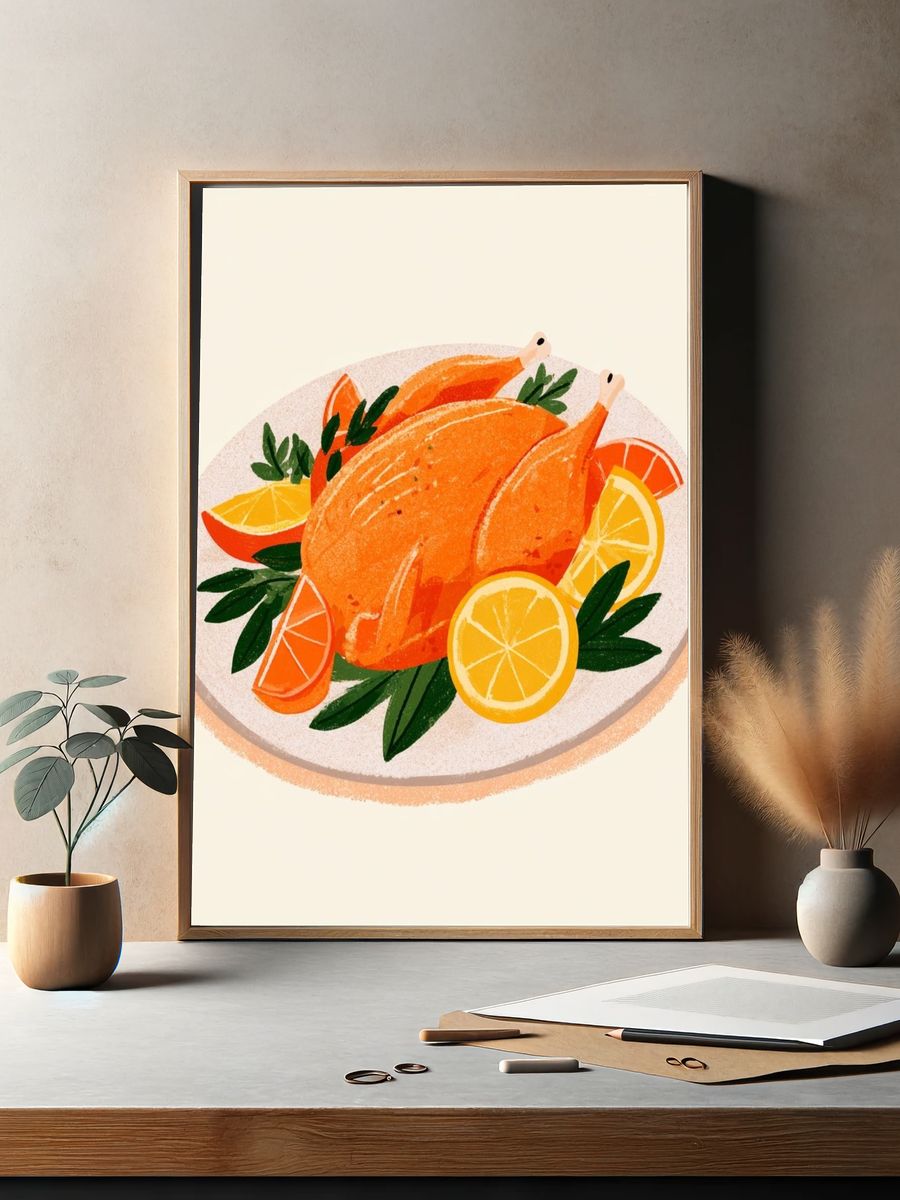 Roast Chicken with Citrus Illustration Poster. — room view 2