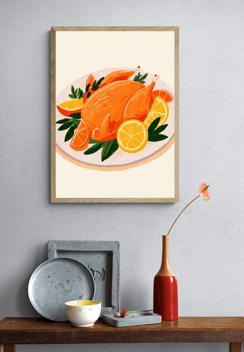 Roast Chicken with Citrus Illustration Poster. — room view 3