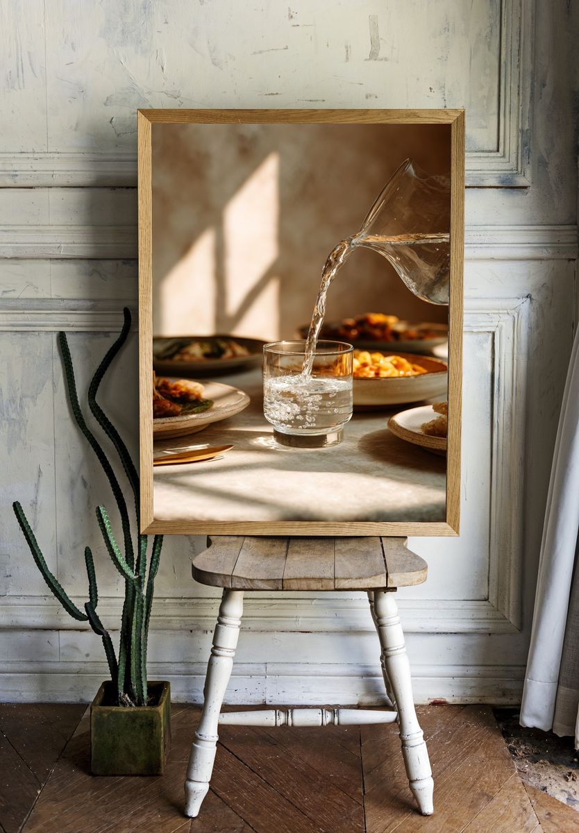 Sunlit Table Water Pour Poster. — room view 1