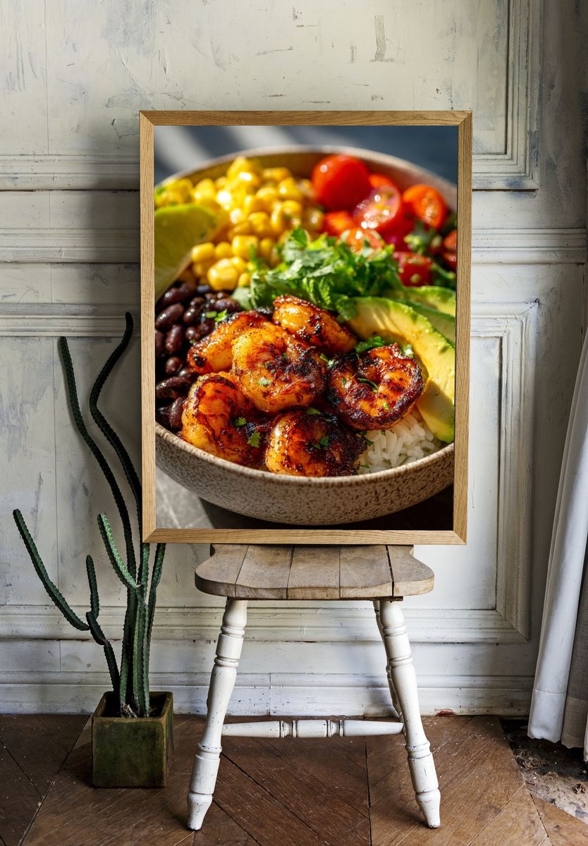 Shrimp Rice Bowl Food Photography Poster. — room view 1