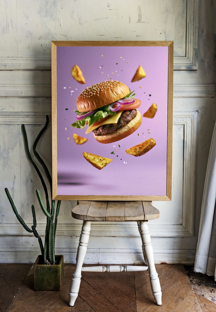 Floating Burger Food Photography Poster. room preview