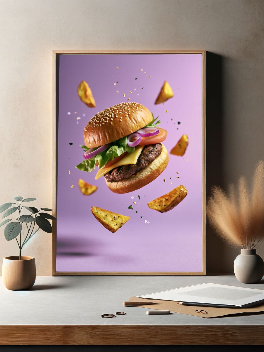 Floating Burger Food Photography Poster. — room view 2