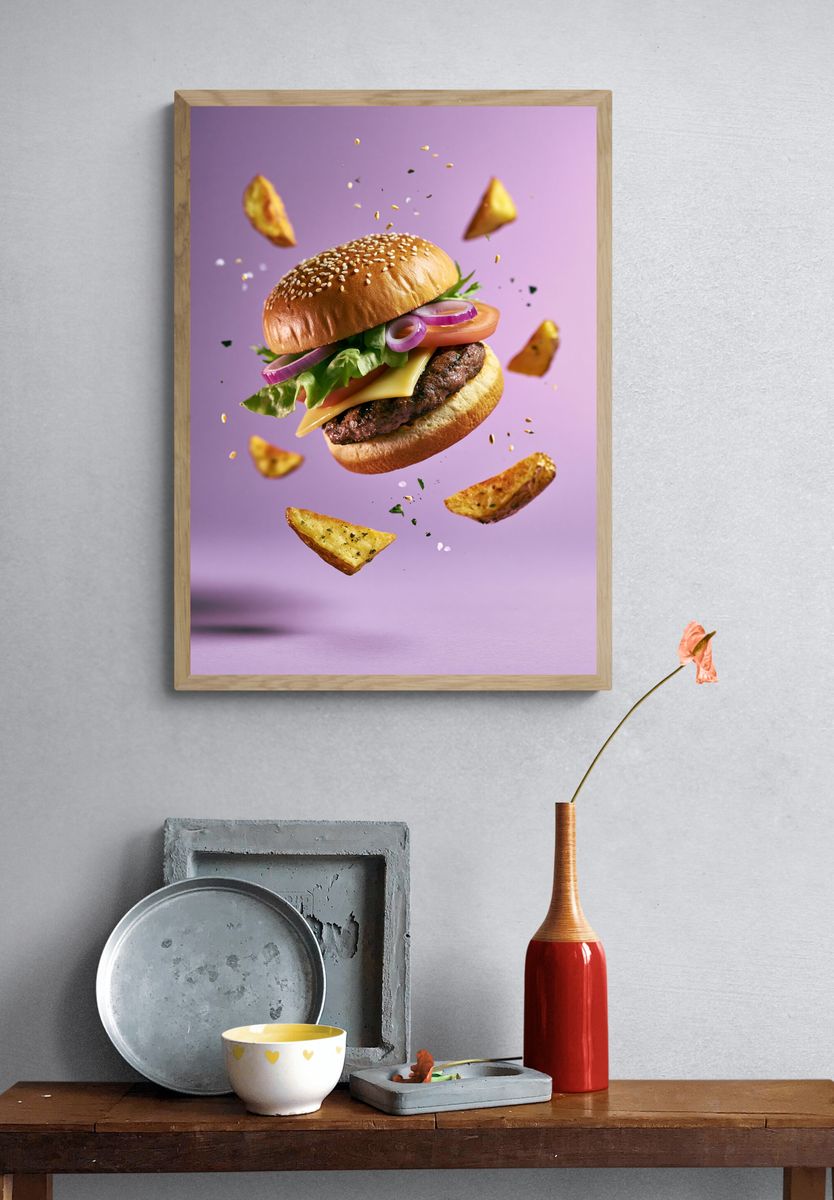 Floating Burger Food Photography Poster. — room view 3
