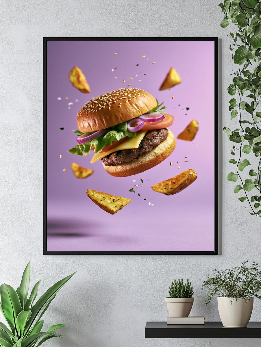 Floating Burger Food Photography Poster. — room view 4