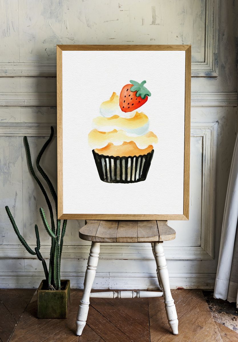 Strawberry Cupcake — Watercolor Print. — room view 1