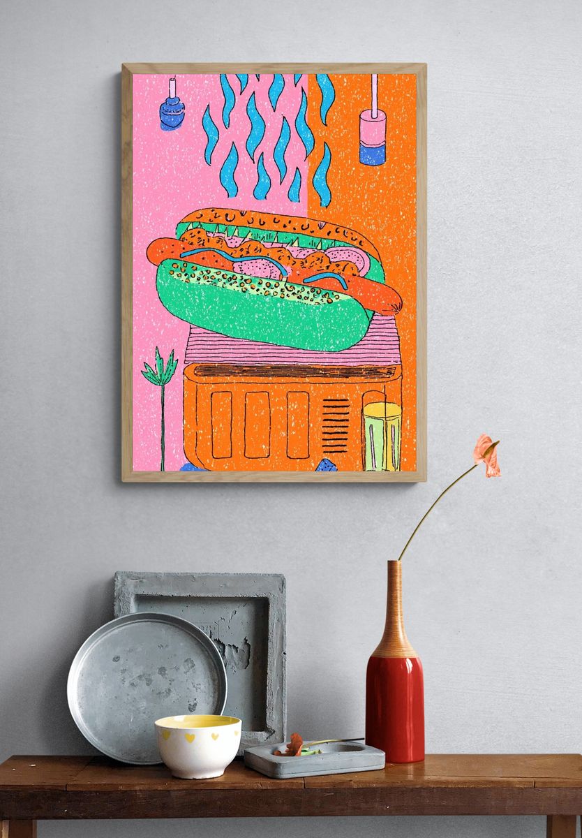 Colorful Hot Dog Illustration Poster. — room view 3