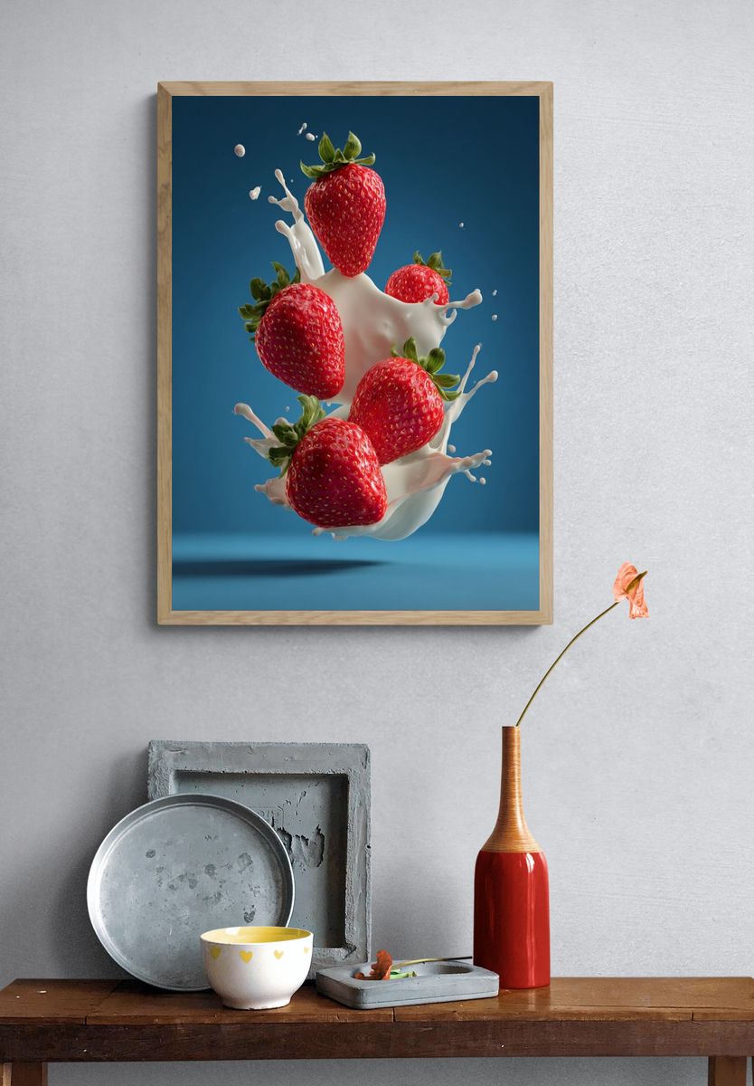 Strawberries in Milk Splash — Food Print. — room view 3