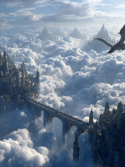 Majestic Dragon Over Cloud City — Fantasy Print. poster print