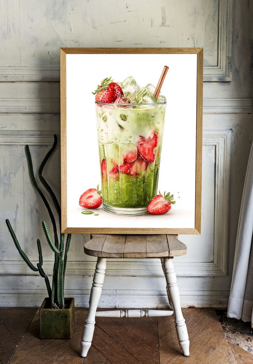 Strawberry Matcha Drink — Watercolor Print. room preview