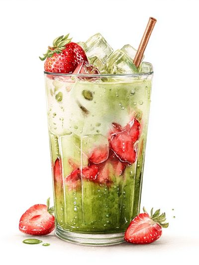 Strawberry Matcha Drink — Watercolor Print. poster print