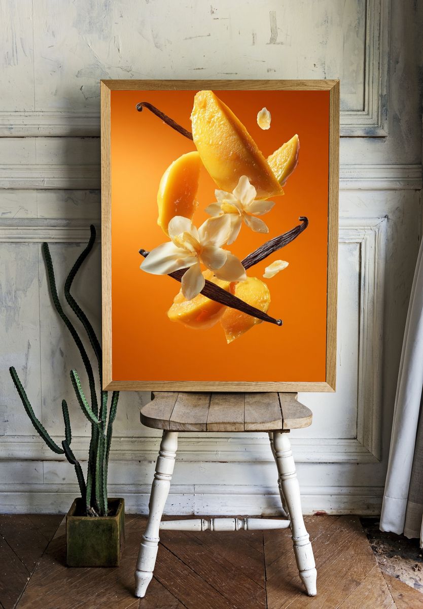 Mango and Vanilla Floral Still Life Poster. — room view 1