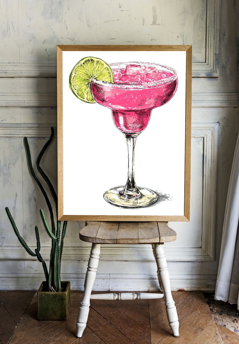 Pink Margarita Cocktail Illustration Poster room preview
