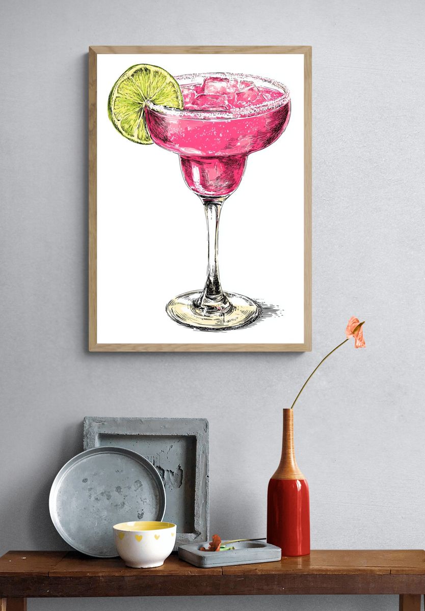 Pink Margarita Cocktail Illustration Poster. — room view 3