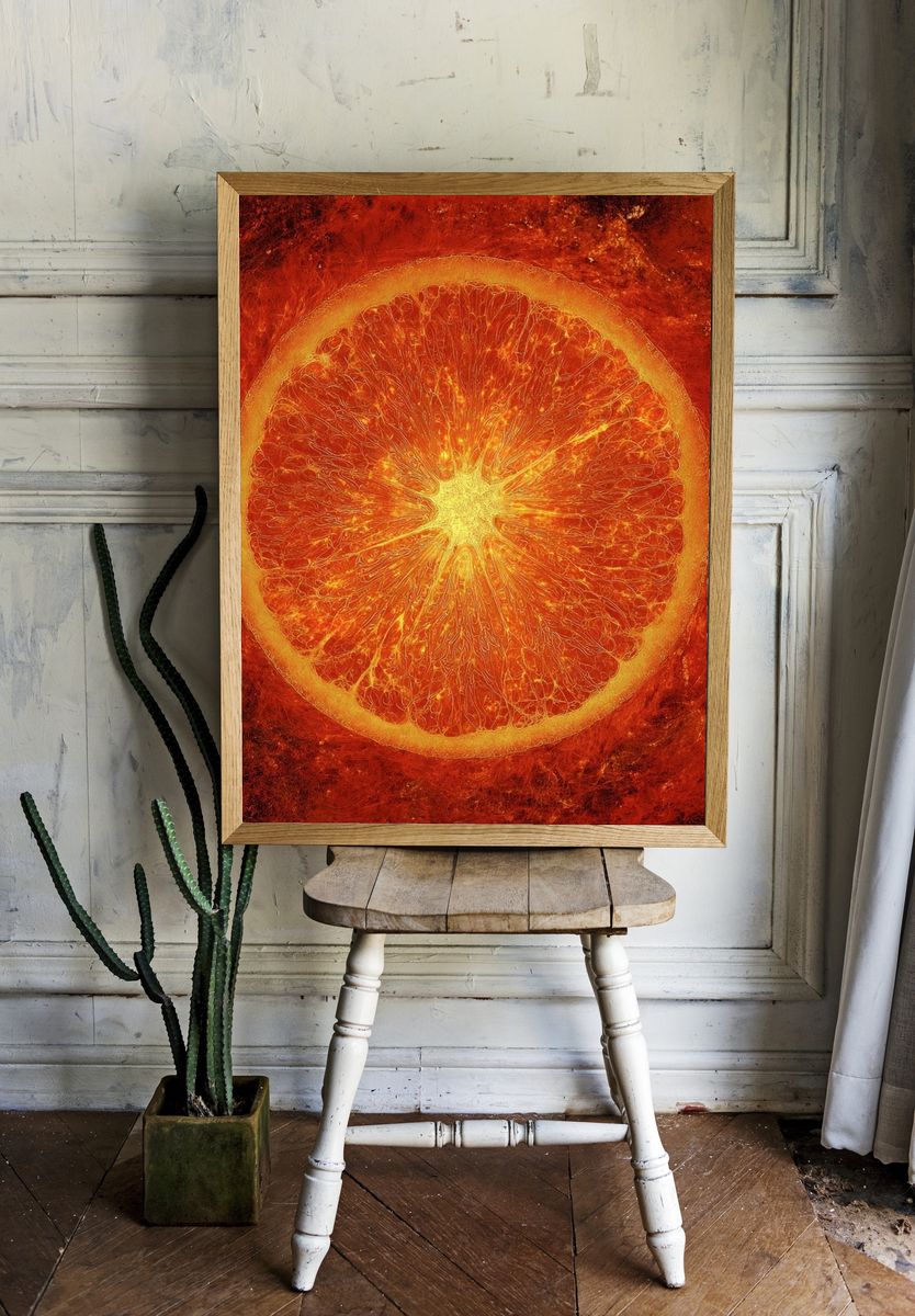 Vibrant Orange Slice — Food Art Print room preview