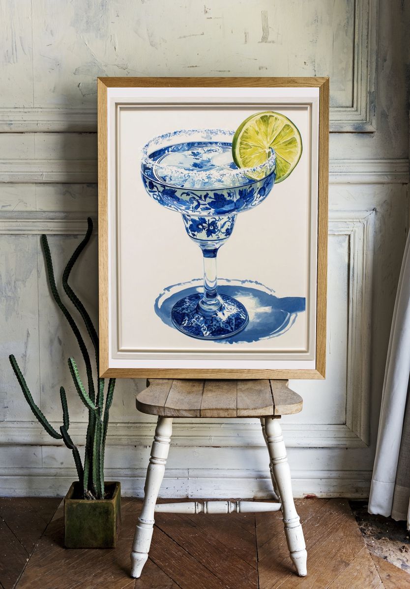 Margarita in Blue Floral Glass — Food & Drink Print. — room view 1