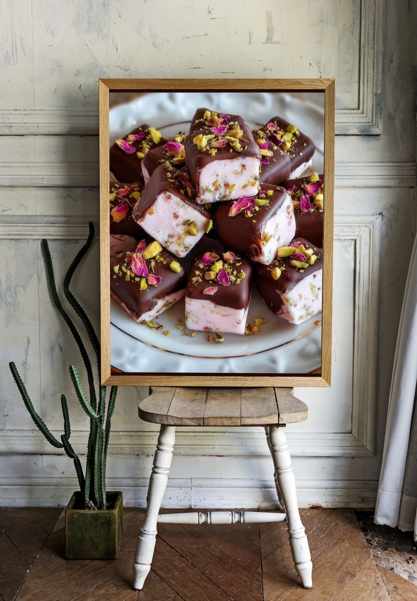 Chocolate Pistachio Dessert Still Life Poster. — room view 1