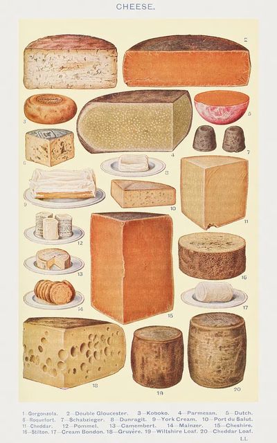 Cheeses: Gorgonzola, Double Gloucester, Koboko.