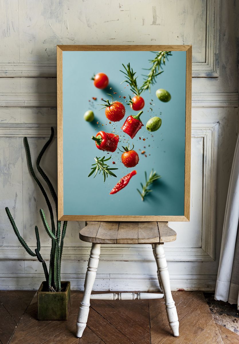 Floating Tomatoes and Herbs Photography Poster. — room view 1