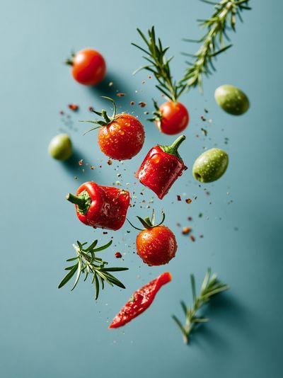 Floating Tomatoes and Herbs Photography Poster.