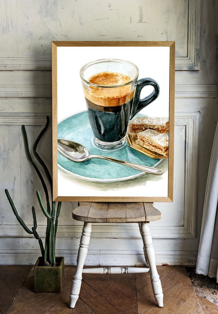 Espresso and Pastries Watercolor Print. — room view 1