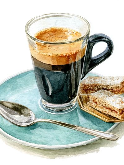 Espresso and Pastries Watercolor Print. poster