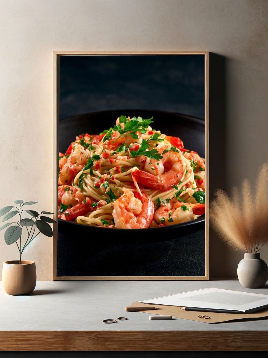 Shrimp Pasta Food Photography Poster. — room view 2