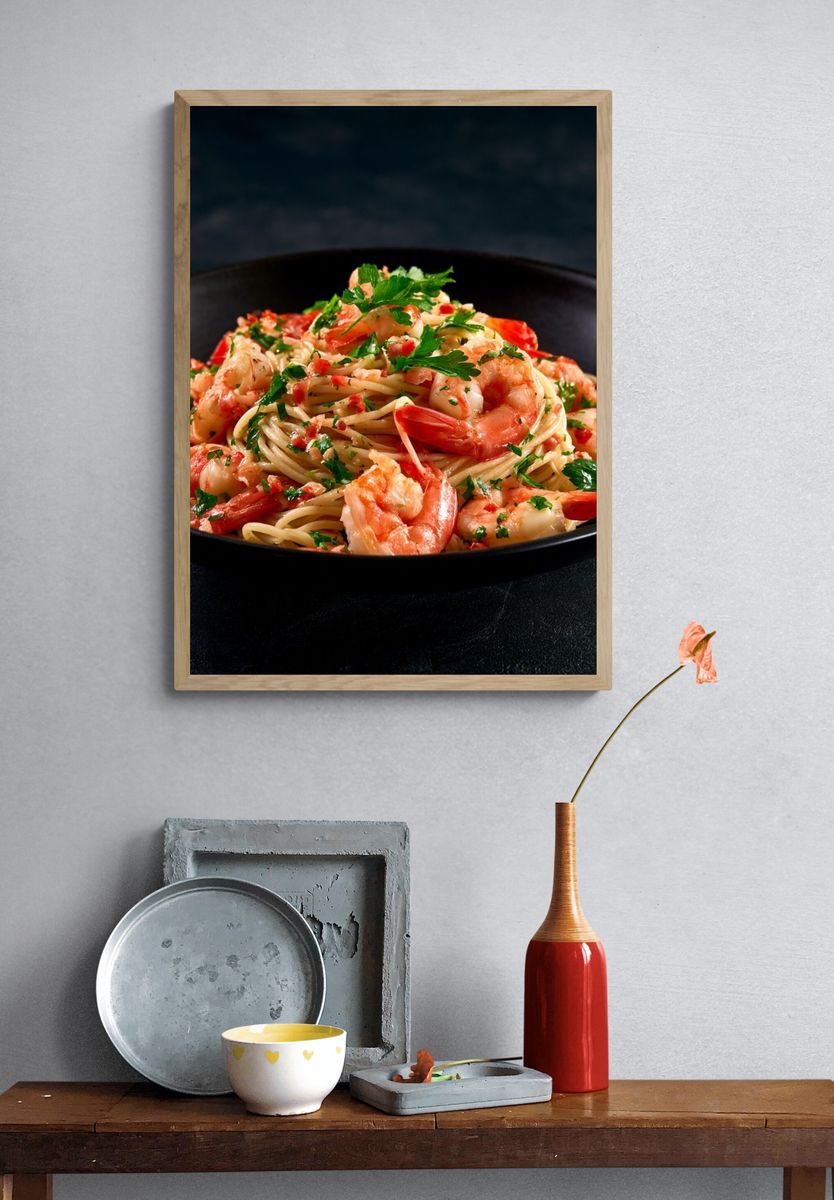 Shrimp Pasta Food Photography Poster. — room view 3
