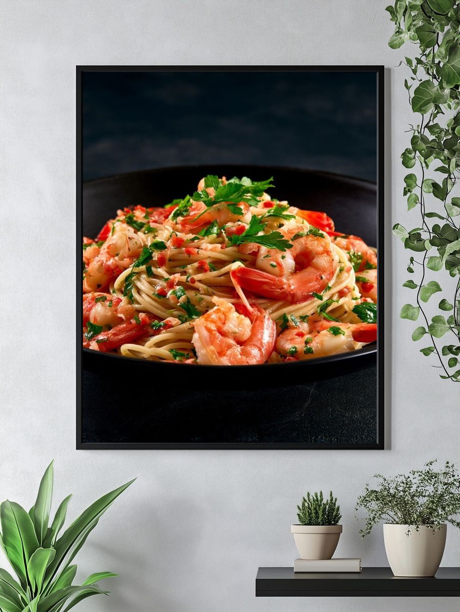 Shrimp Pasta Food Photography Poster. — room view 4