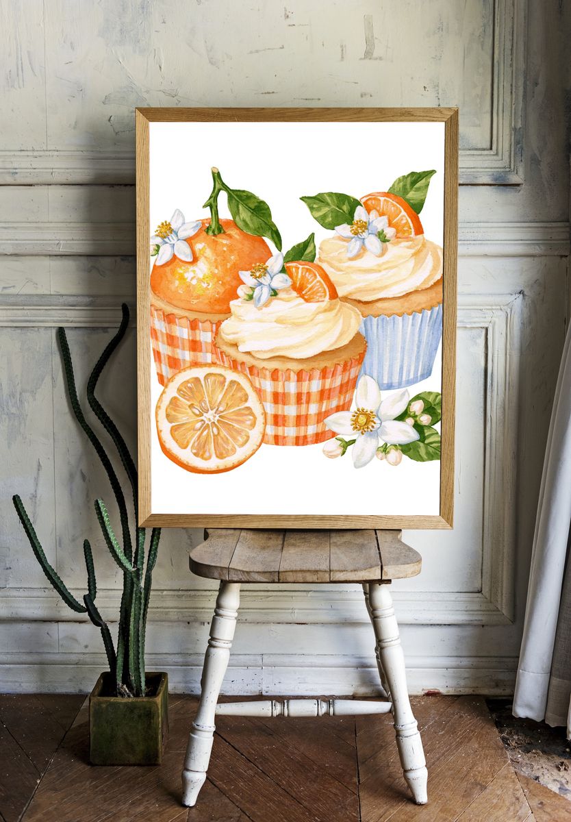 Orange Cupcakes Watercolor Print. room preview