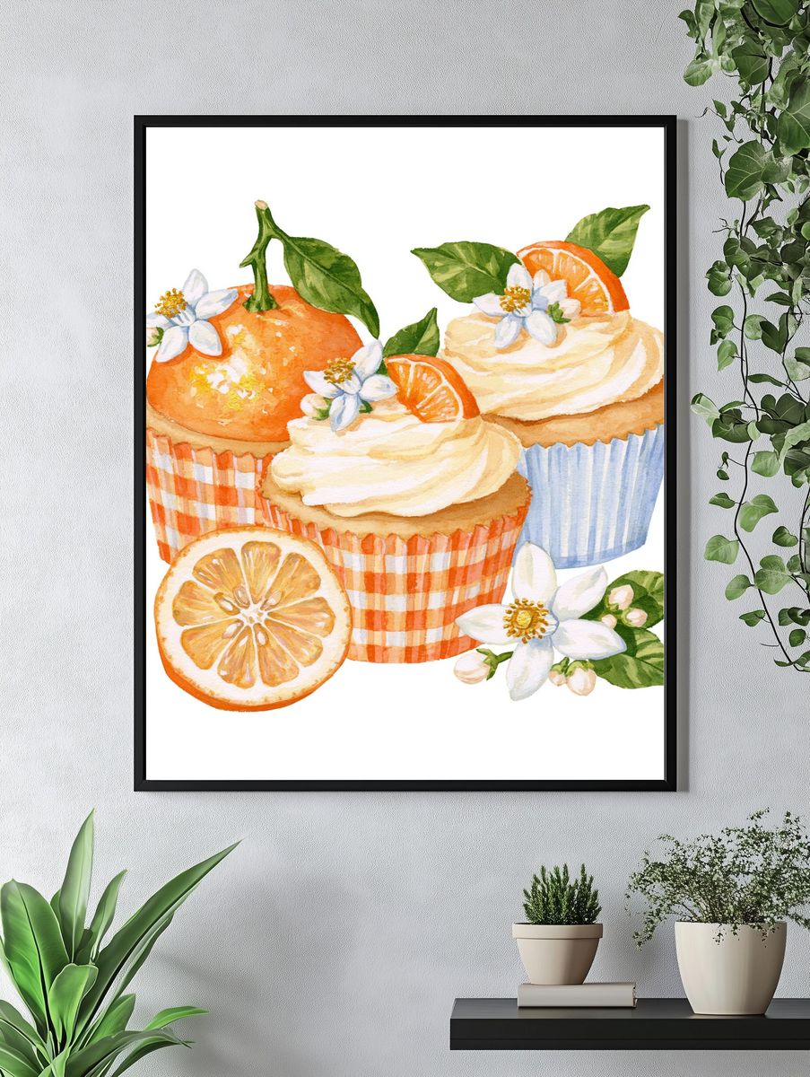 Orange Cupcakes Watercolor Print. — room view 4