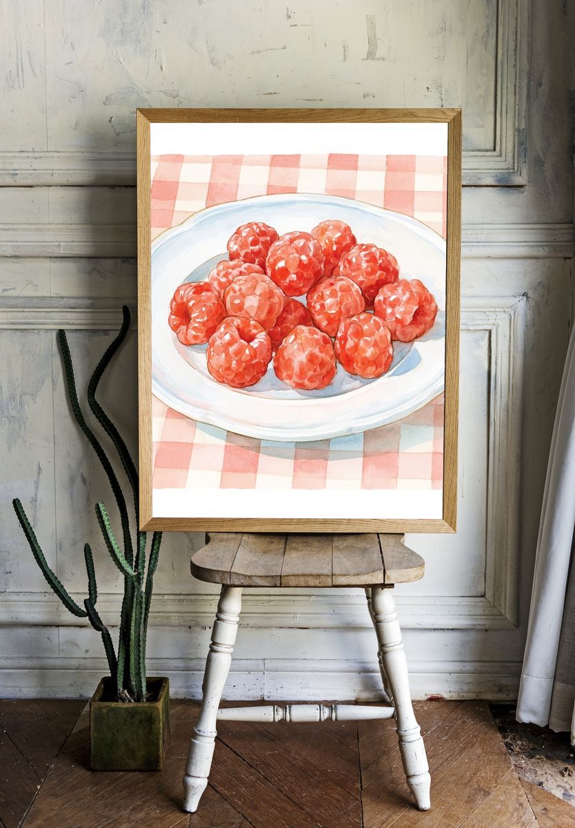 Raspberries on Plate Watercolor Poster. room preview