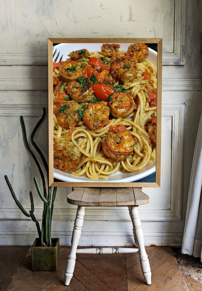 Shrimp Pasta Food Photography Poster. — room view 1